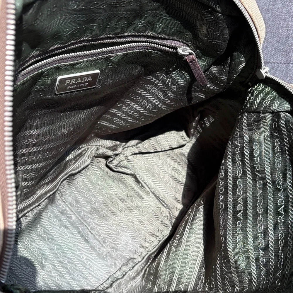 Prada Tan Canvas Shoulder Bag with Sage Green Trim